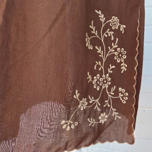 Vintage Chocolate Brown Embroidered Linen Shift Dress with Buttons & Tie Accent - Picture 9 of 13